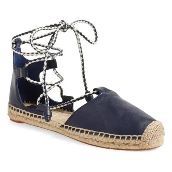 Tory Burch Positano Lace-Up Ankle Wrap Espadrille Flats Navy Blue Leather 9.5 - Picture 1 of 9